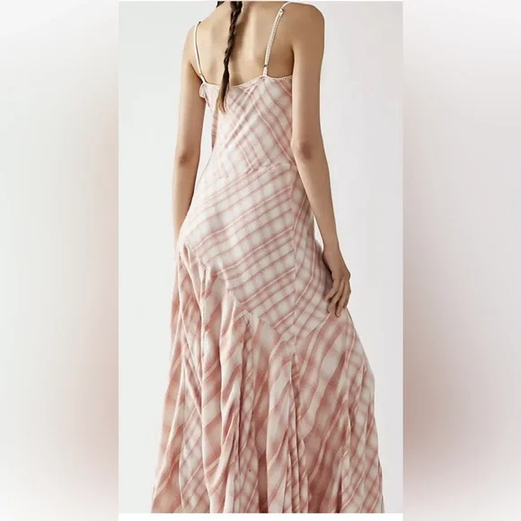 Free People Piper Plaid Maxi Dress Crochet Detail Tiered Hemline Blush Ivory